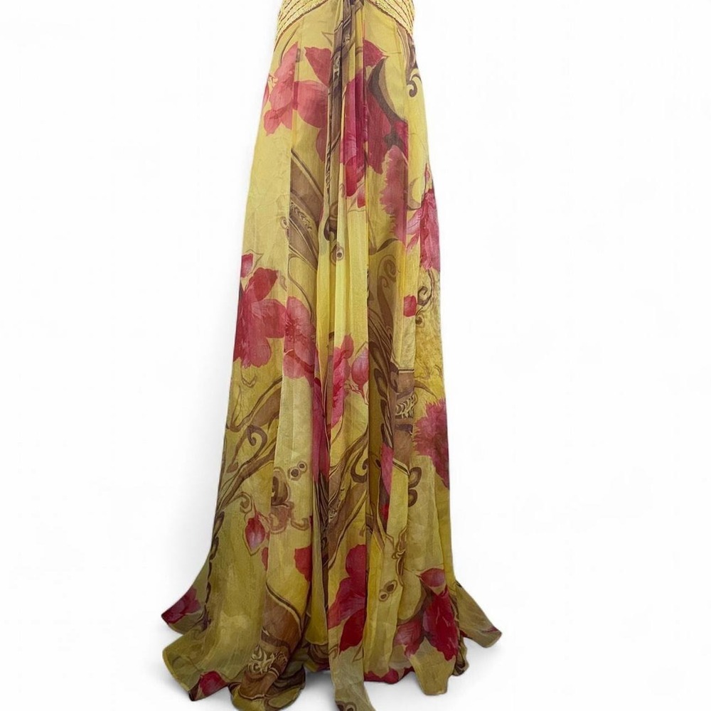 Y2K vintage La Femme yellow floral beaded halter maxi gown tropical open back - Picture 5 of 8